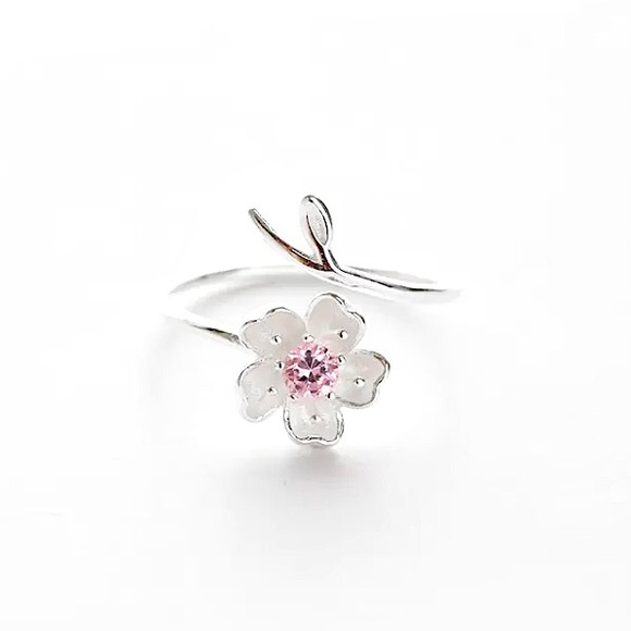 Japanese Cherry Blossom Flower Silver Diamond Ring - Picture 4 of 6